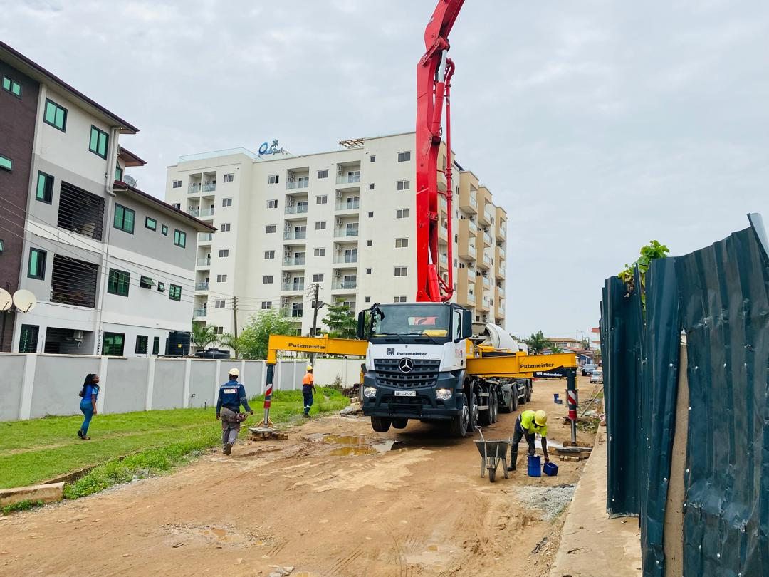 Concrete pump on-site — Shiashie, East Legon